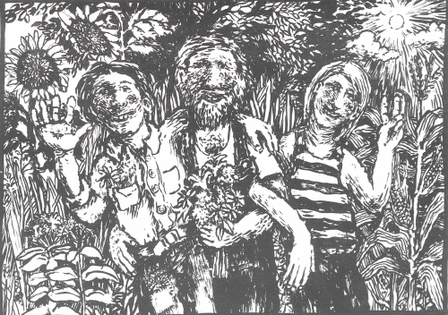 black and white cartoon of three LGBT people in a sunflower field